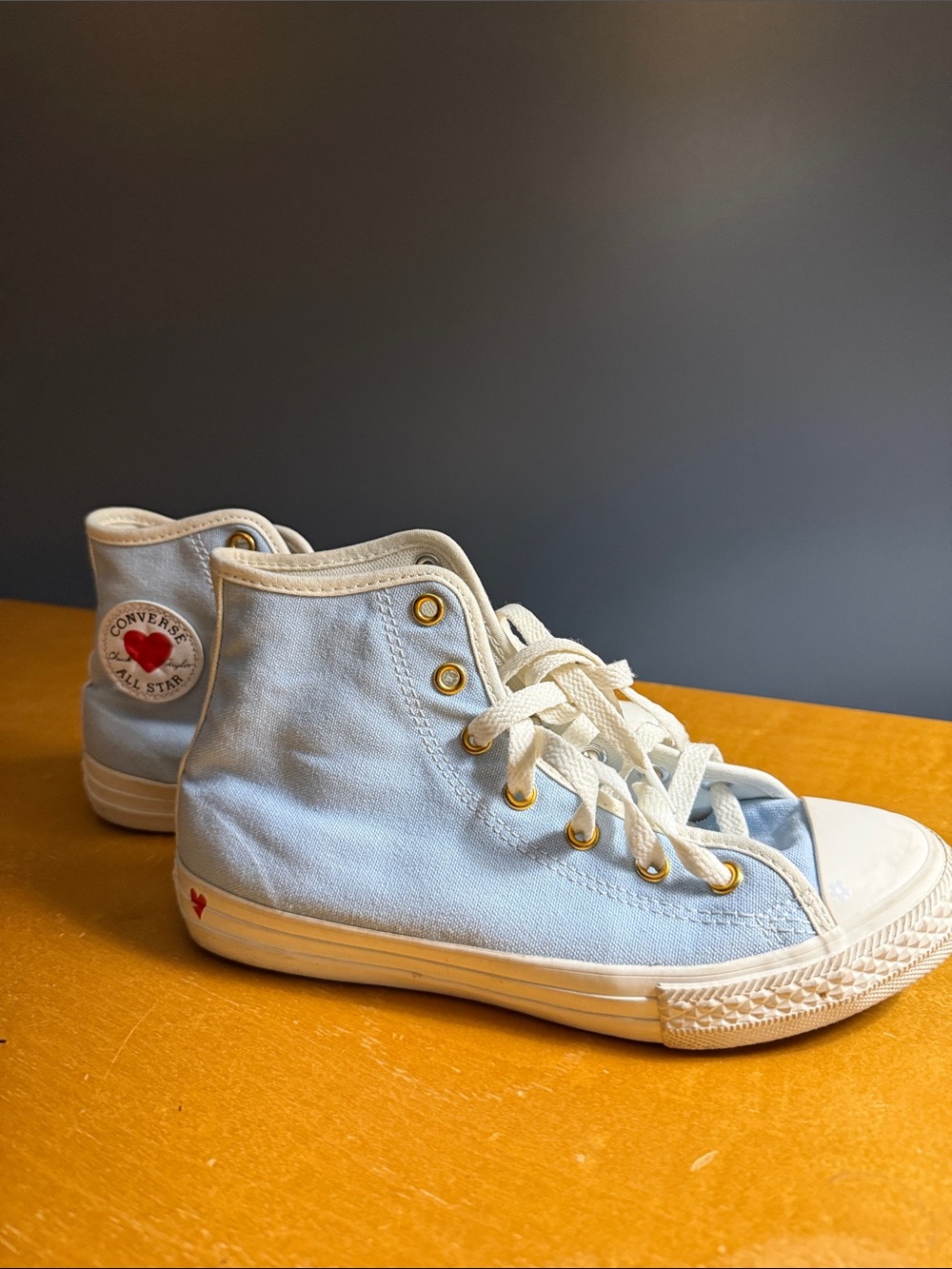 Converse Kids Light Blue High Top Sneakers with Red Heart Detail